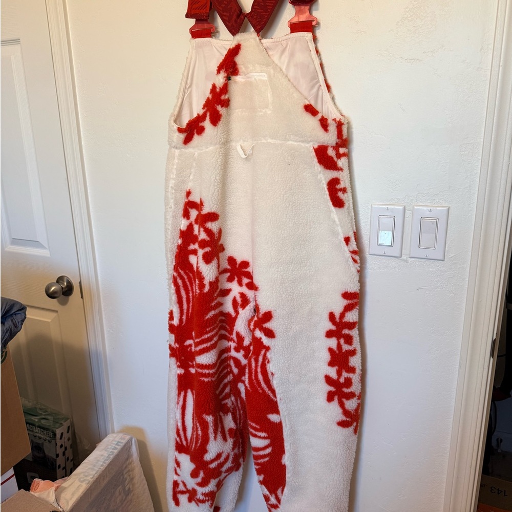 Free People Cozy Red & White Fleece Overalls Snow Pants - Picture 10 of 15